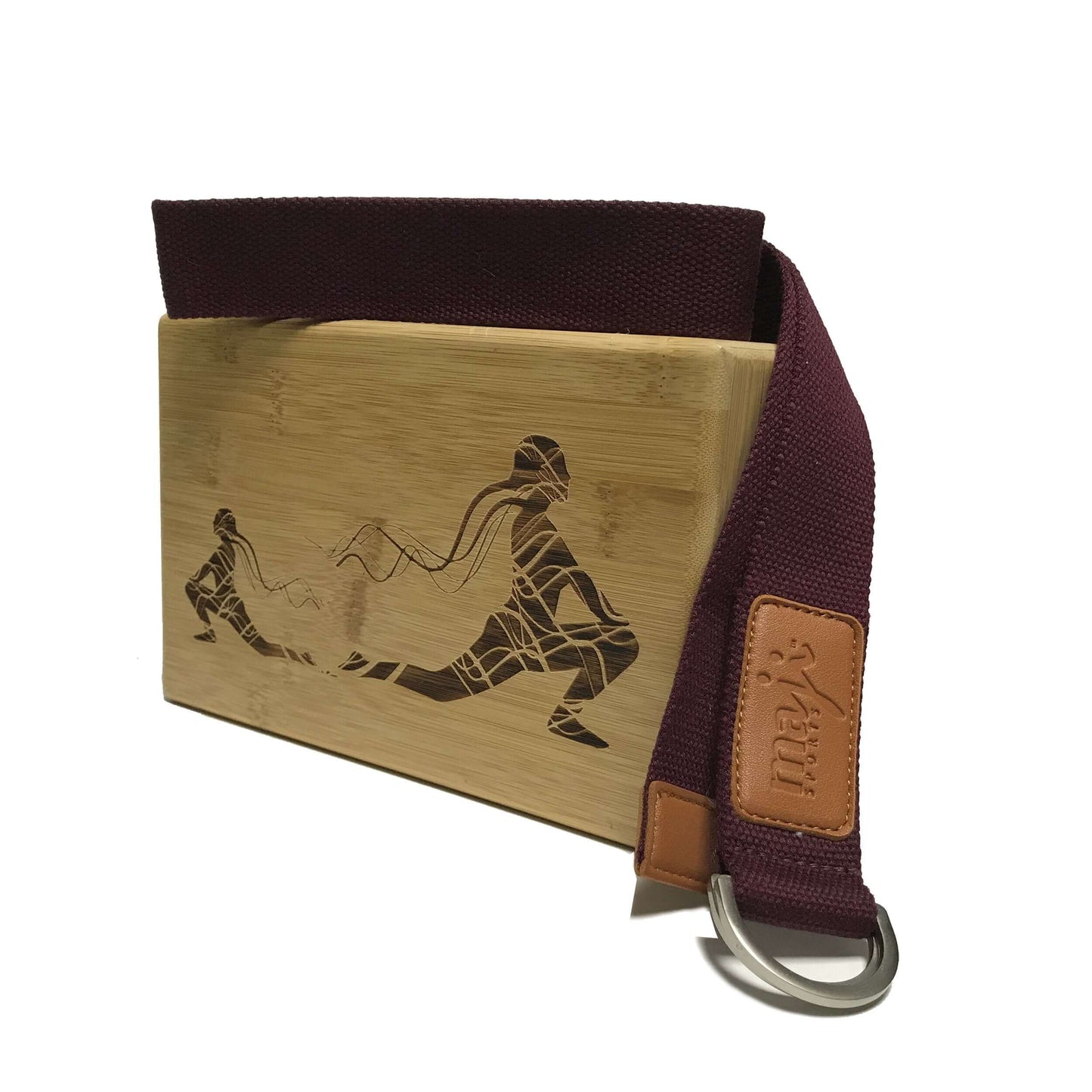 Maji Sports Engraved Bamboo yoga block and Strap Combo - Burgundy 