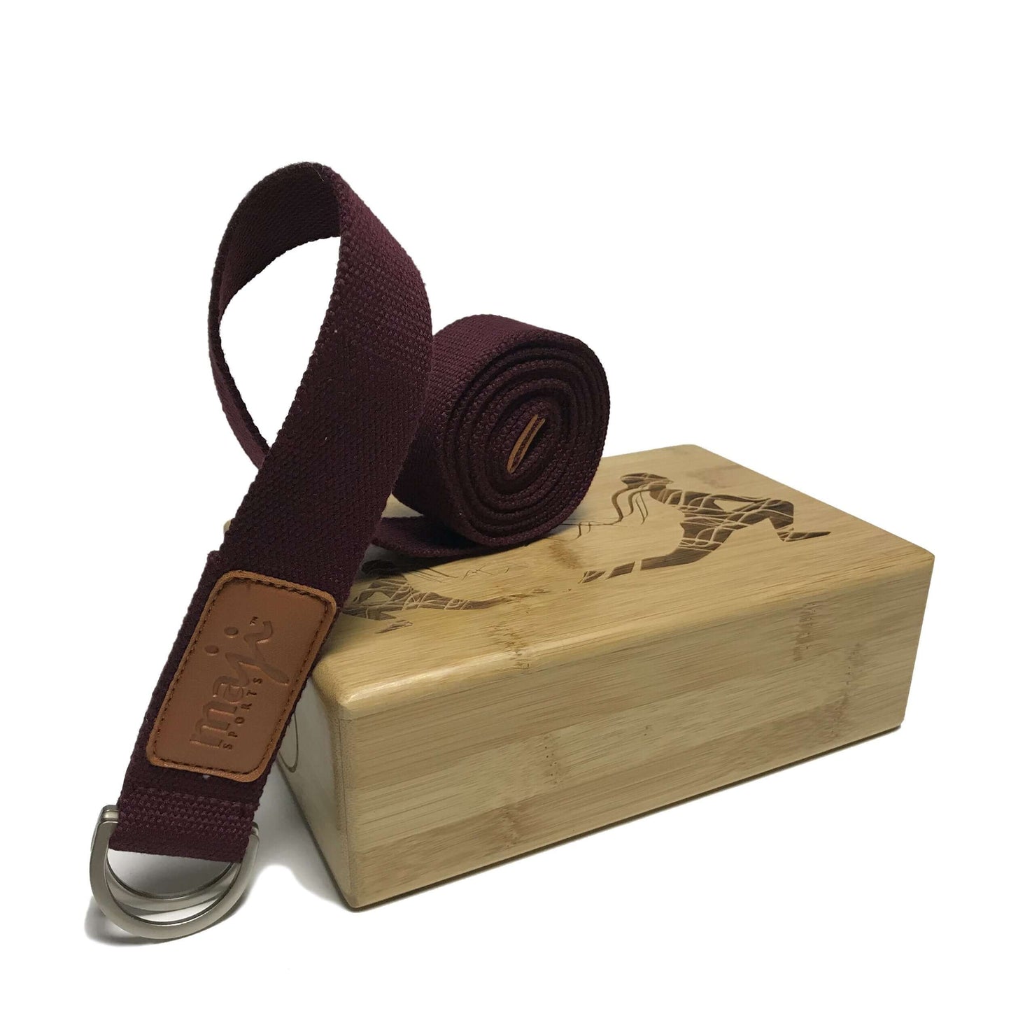 Maji Sports Engraved Bamboo yoga block and Strap Combo