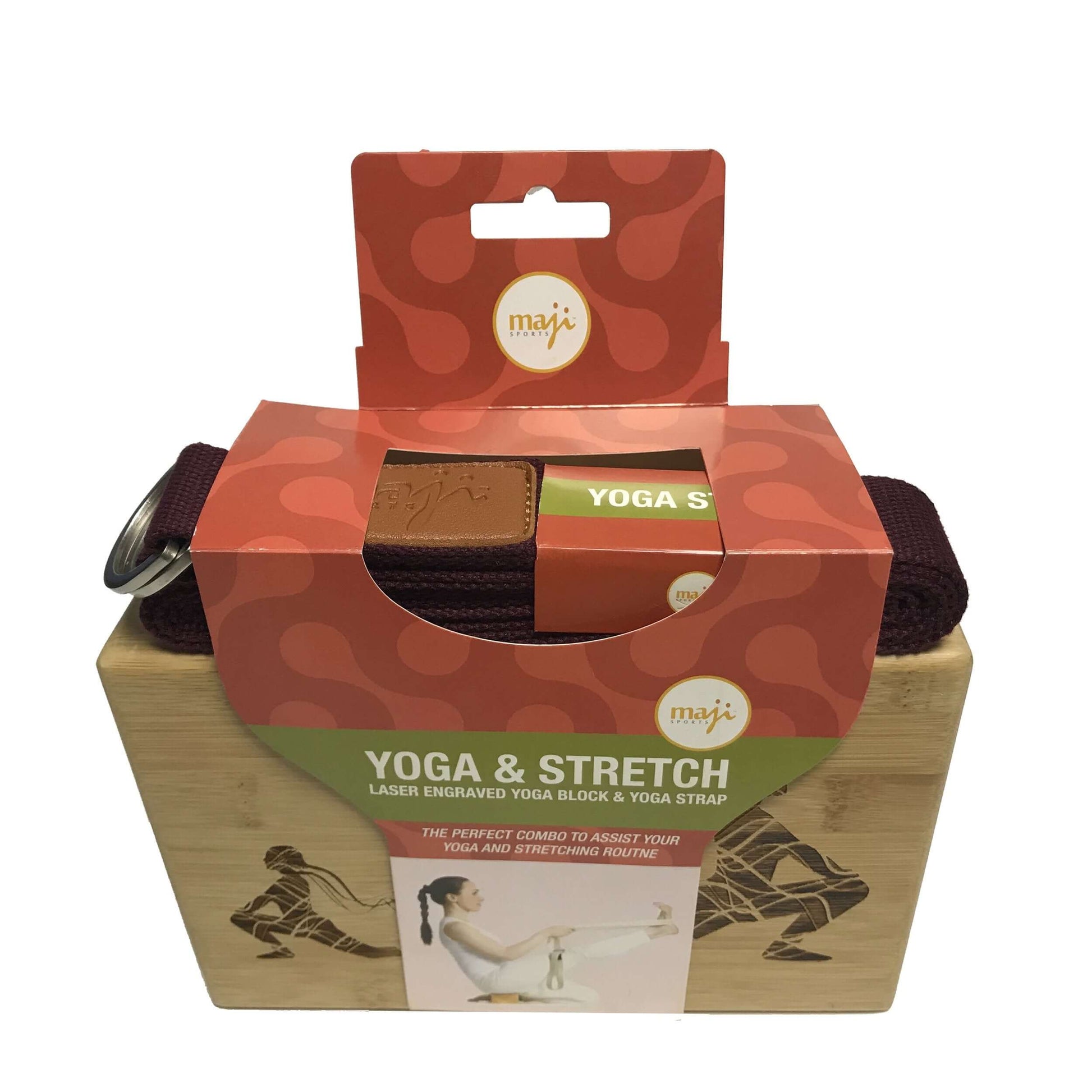 Maji Sports Engraved Bamboo yoga block and Strap Combo