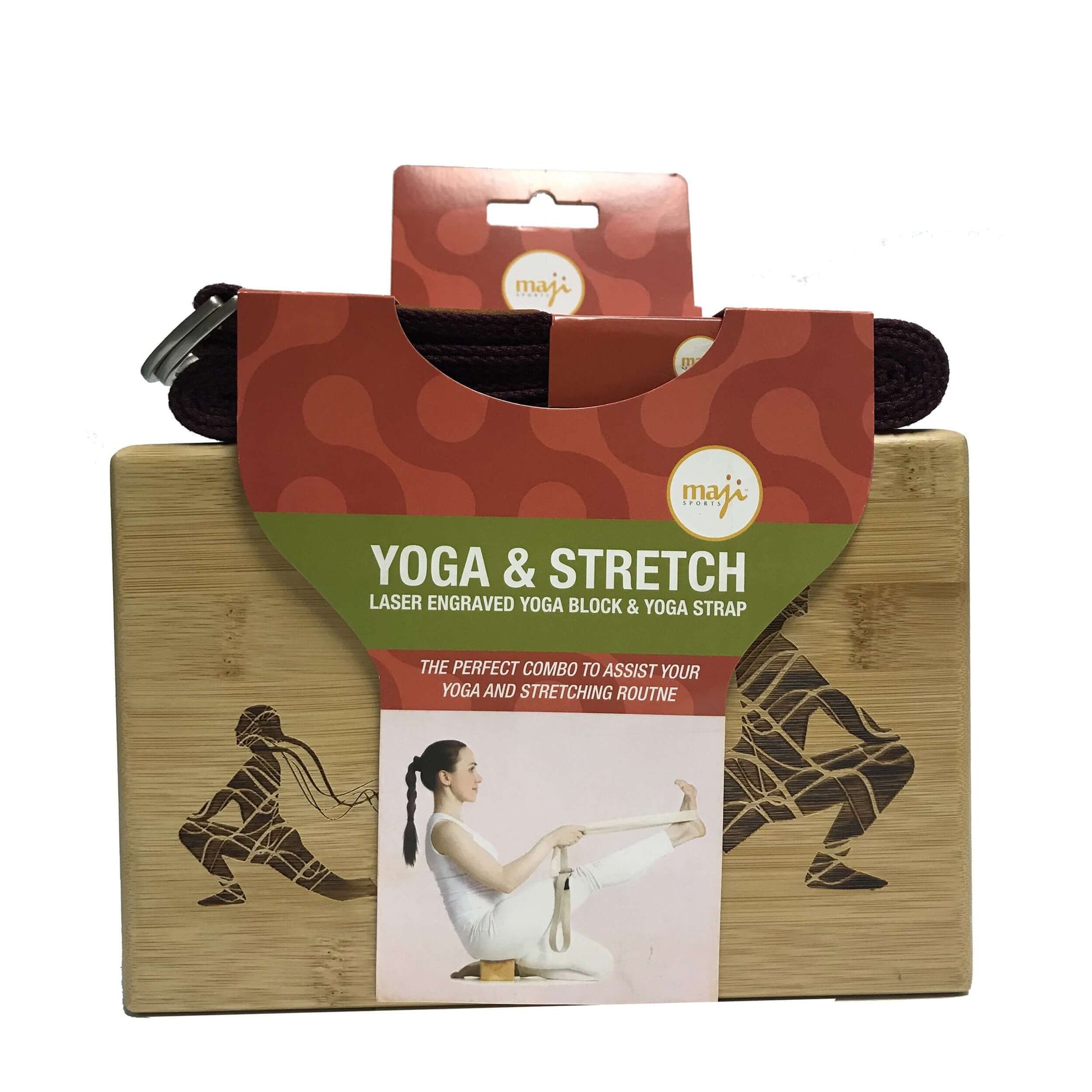 Maji Sports Engraved Bamboo yoga block and Strap Combo