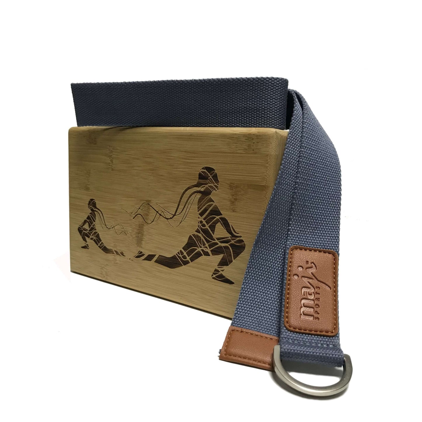 Maji Sports Engraved Bamboo yoga block and Strap Combo - blue