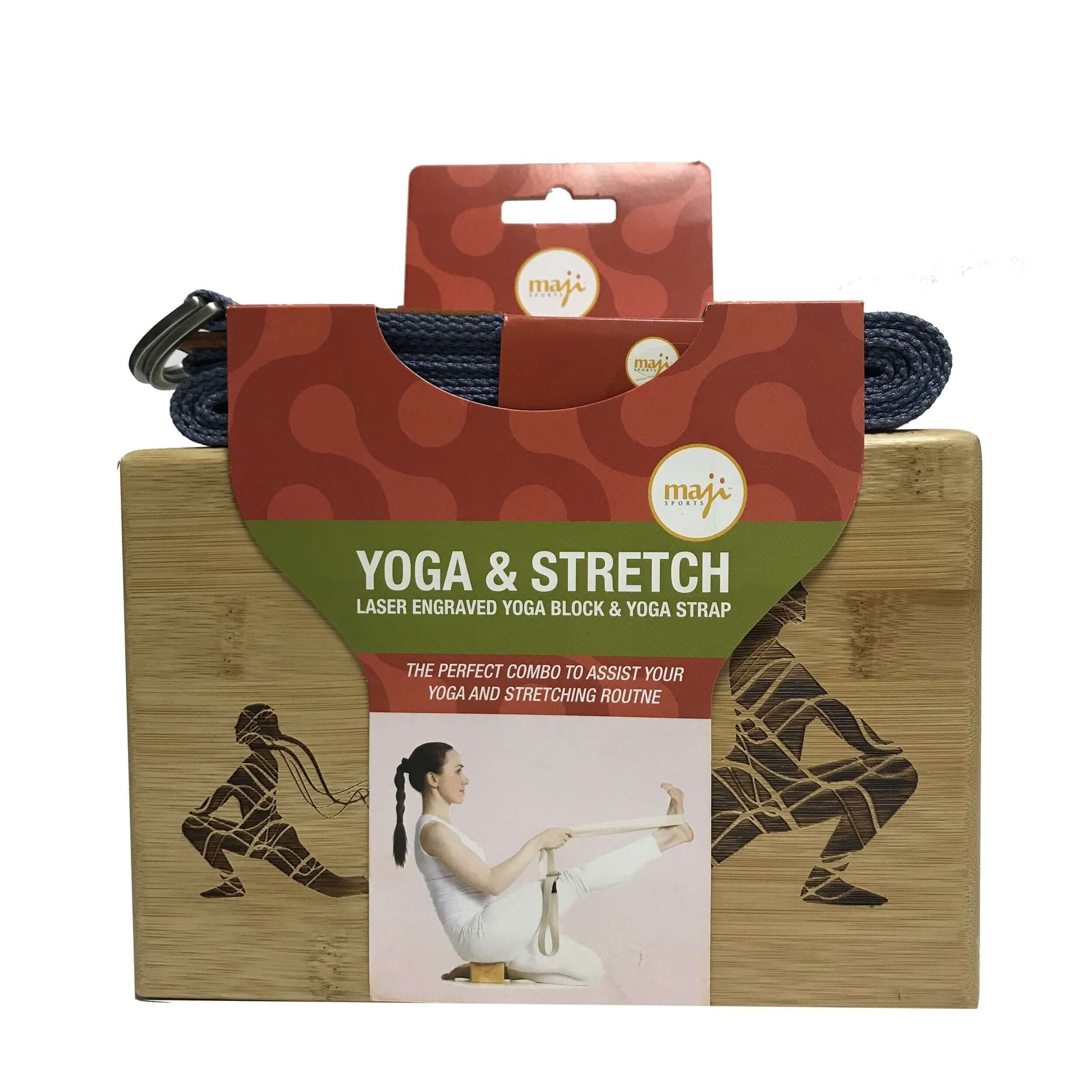 Maji Sports Engraved Bamboo yoga block and Strap Combo