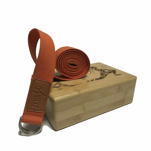 Maji Sports Engraved Bamboo yoga block and Strap Combo - Orange