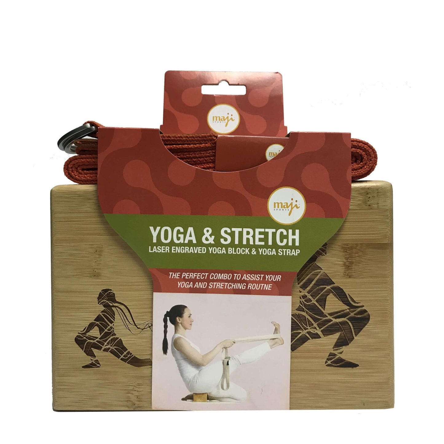 Maji Sports Engraved Bamboo yoga block and Strap Combo