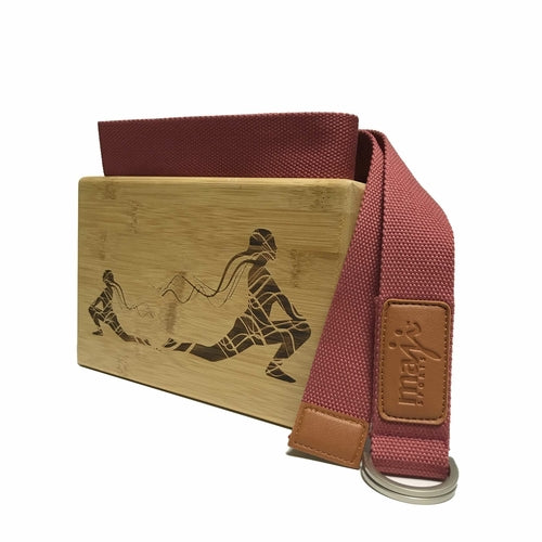 Maji Sports Engraved Bamboo yoga block and Strap Combo - Red