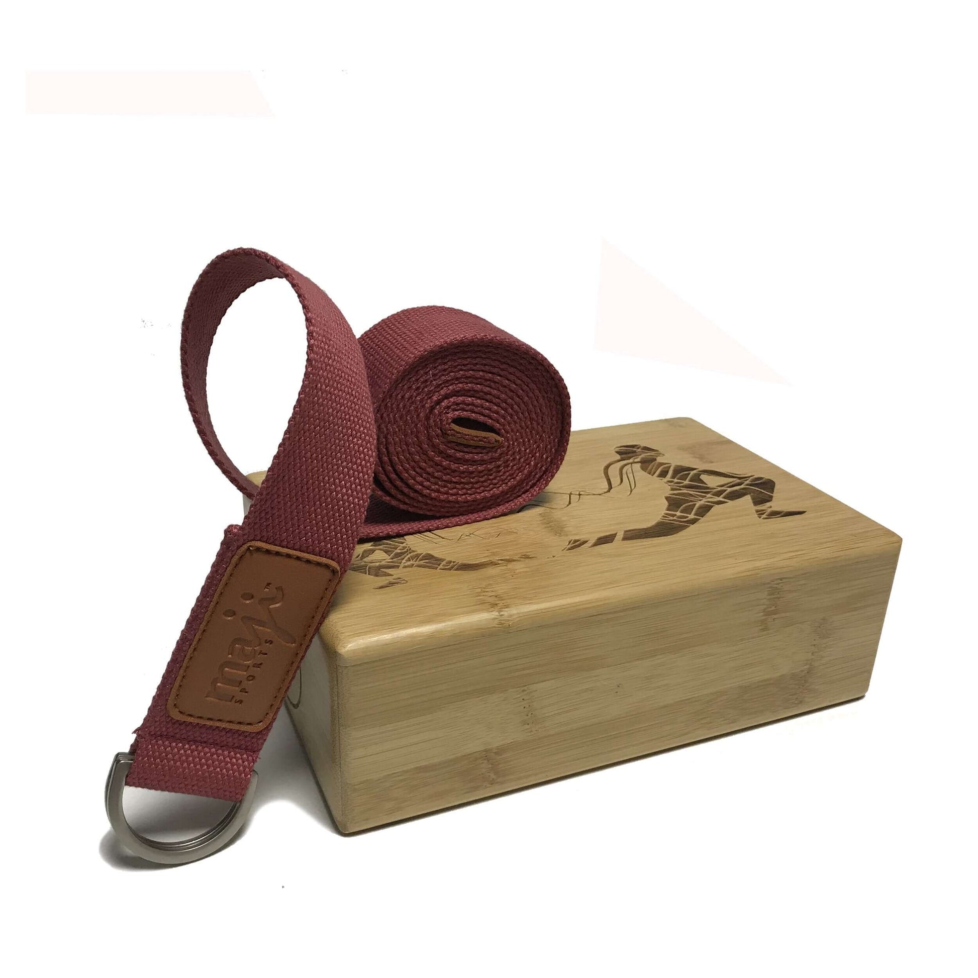 Maji Sports Engraved Bamboo yoga block and Strap Combo - Burgundy 