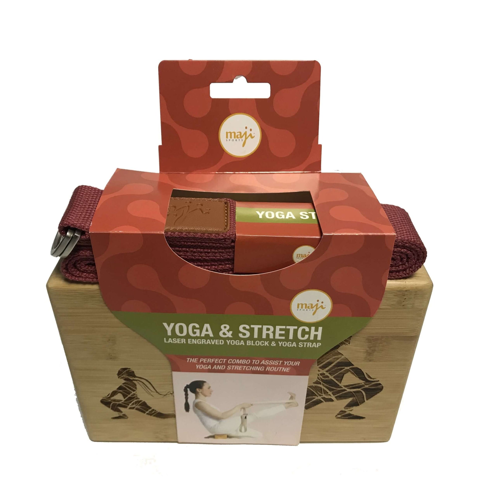 Maji Sports Engraved Bamboo yoga block and Strap Combo