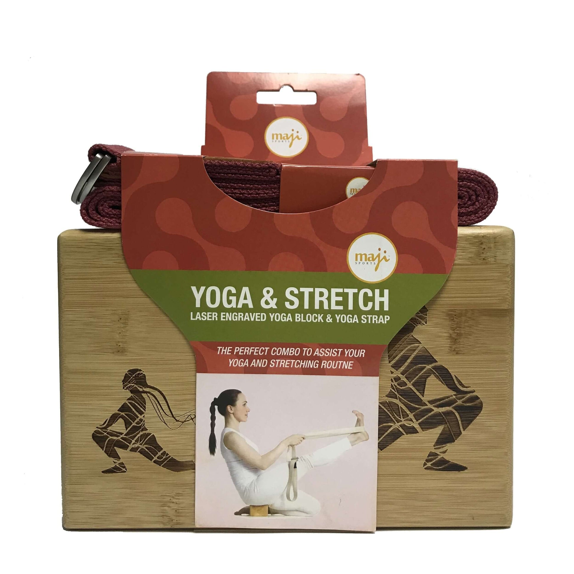 Maji Sports Engraved Bamboo yoga block and Strap Combo