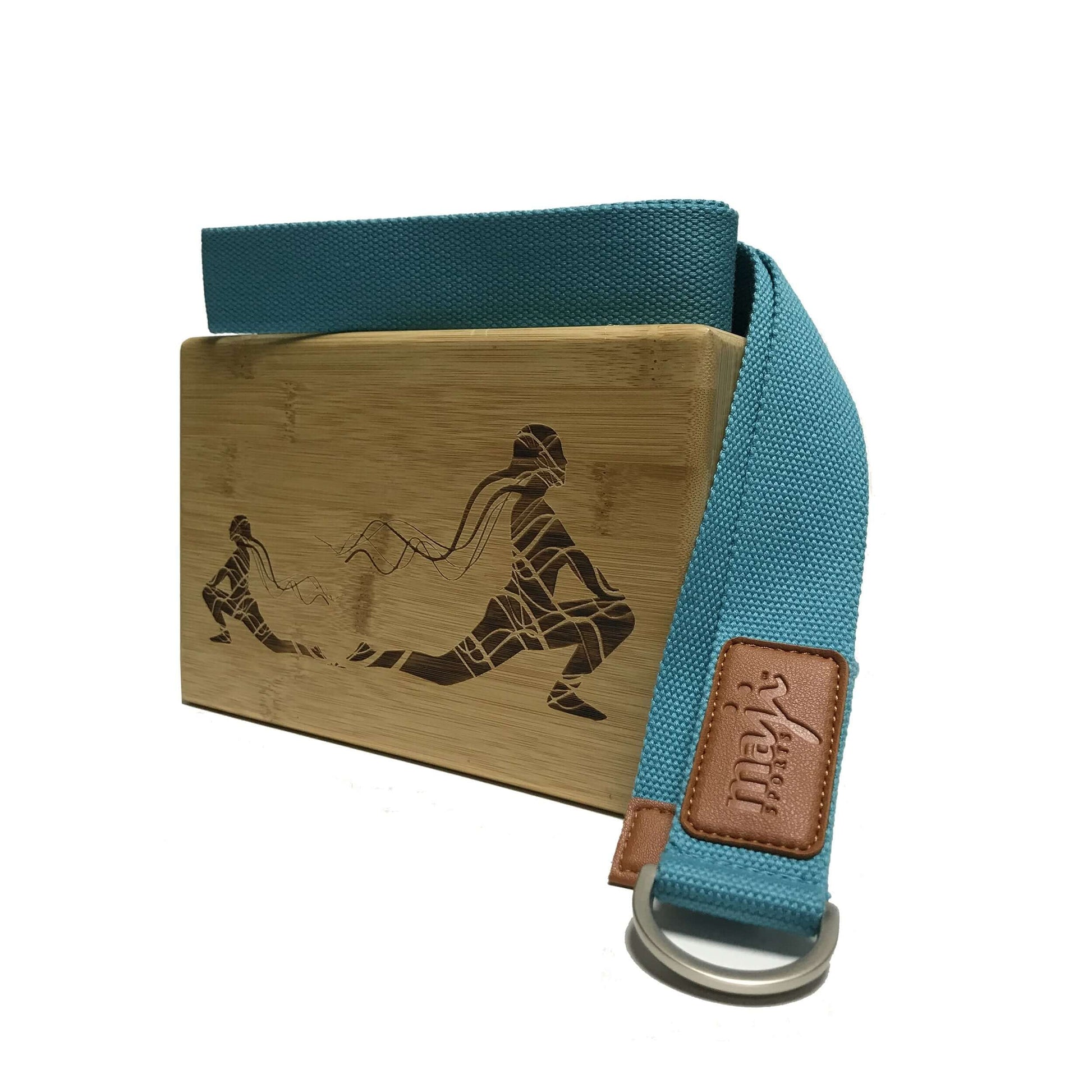 Maji Sports Engraved Bamboo yoga block and Strap Combo - turquoise 