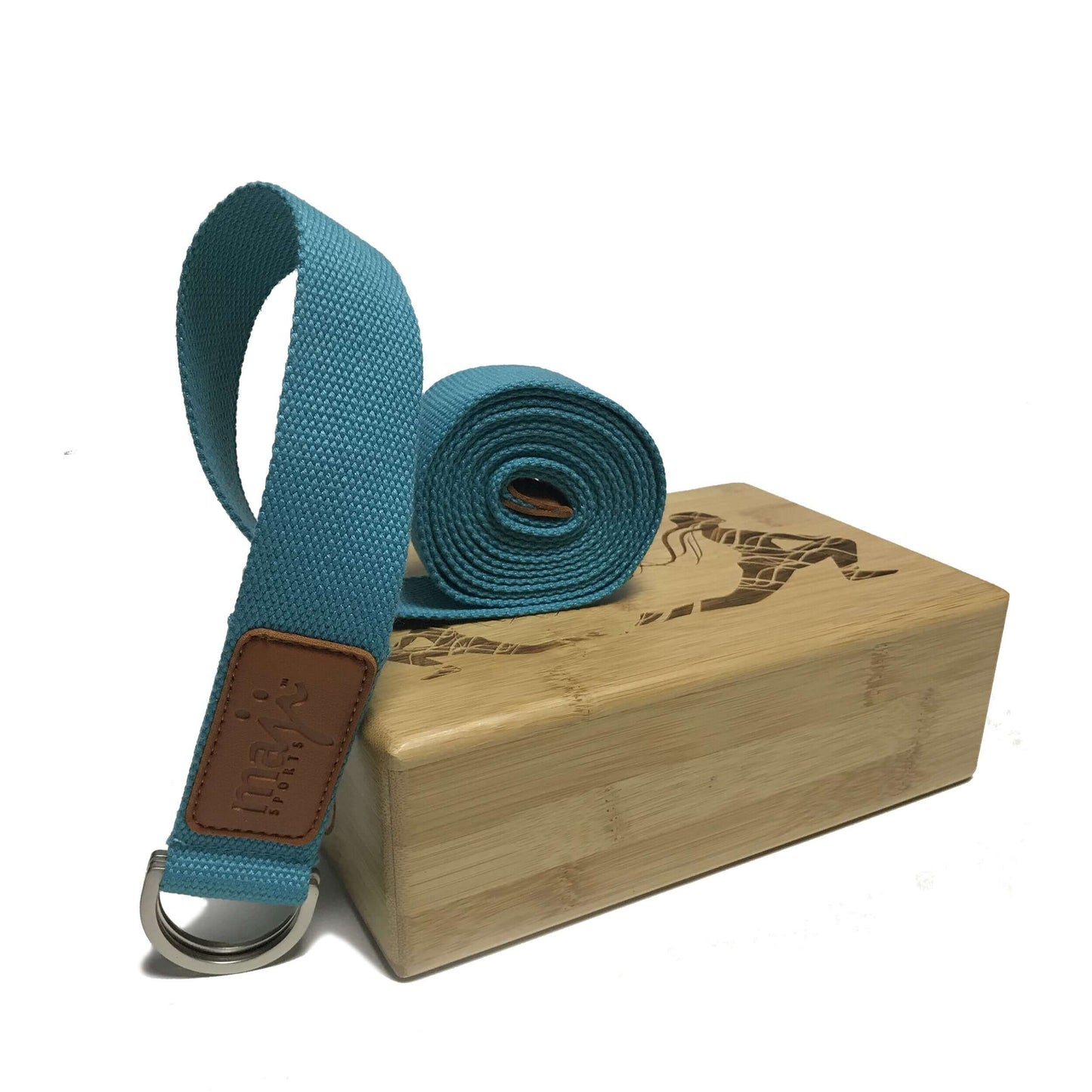 Maji Sports Engraved Bamboo yoga block and Strap Combo - turquoise 