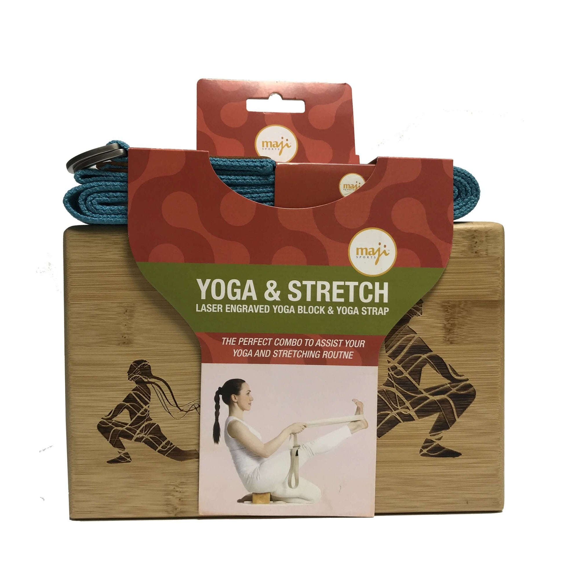 Maji Sports Engraved Bamboo yoga block and Strap Combo