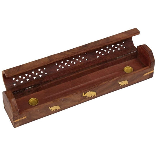 Incense - Incense Burner - Storage Wooden Box - Ash Catcher  ~ elephant design - Brown